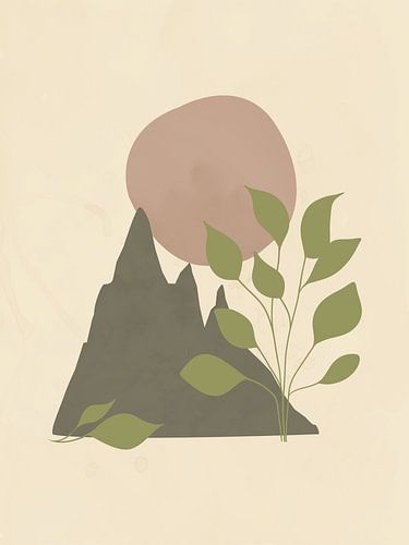 Minimalistisch landschap met een berg en groene bladeren