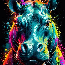 Hippo Neon Aquarellgemälde – Ausgefallene moderne Wanddekoration mit Wildtiermotiv von MIROKKU