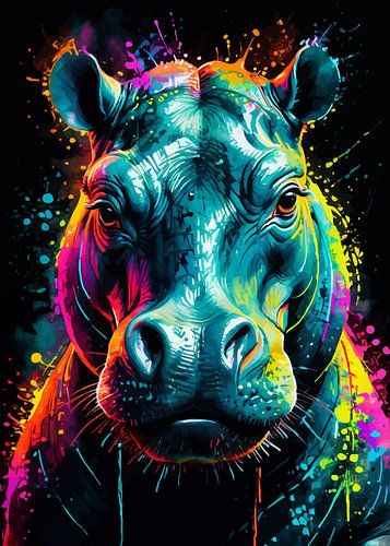 Hippo Neon Waterverfschilderij – Opvallende moderne wanddecoratie met dierenmotief