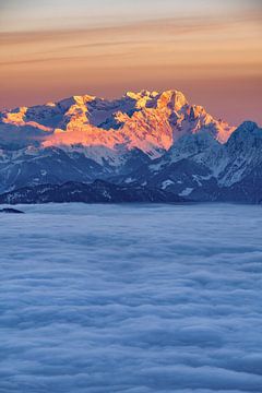 Above the clouds to the sunset in the Berchtesgad Alps