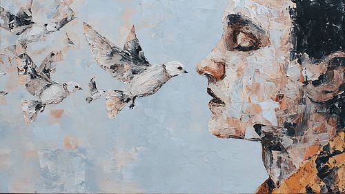 Une silhouette déformée nourrissant des oiseaux de verre dans un tableau expressionniste abstrait surréaliste