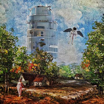 Painting of landscape, with apartment building and flying astronaut