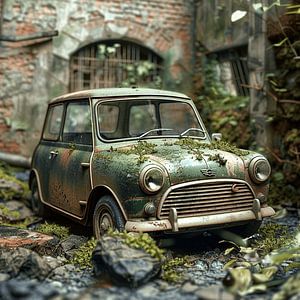 Lost Place Mini Cooper verte rouillée mousse oubliée arrière-cour