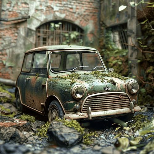 Verloren plaats Mini Cooper groen roestig mos vergeten achtertuin