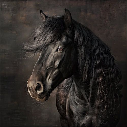 Friesian black horse animal portrait by Vlindertuin-Art