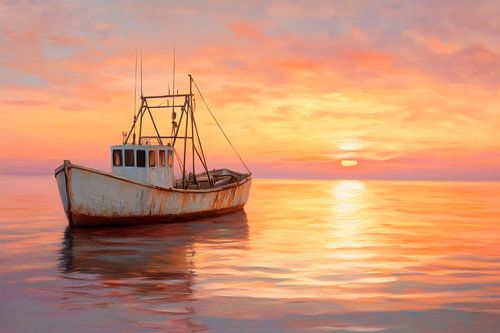Vissersboot bij zonsondergang