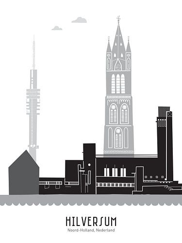 Skyline illustratie Hilversum in zwart-wit-grijs