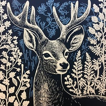 Lino print deer with antlers by Bianca ter Riet