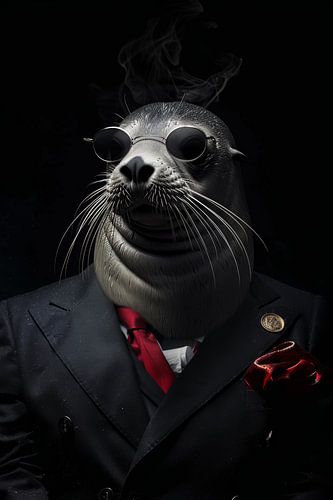 Zeehond als maffiabaas gangster met zwarte achtergrond
