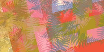 Colorful abstract botanical art. Fern leaves in ocher on red and pink by Dina Dankers