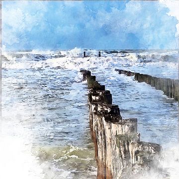 Aquarelafbeelding van storm aan de kust van Danny de Klerk