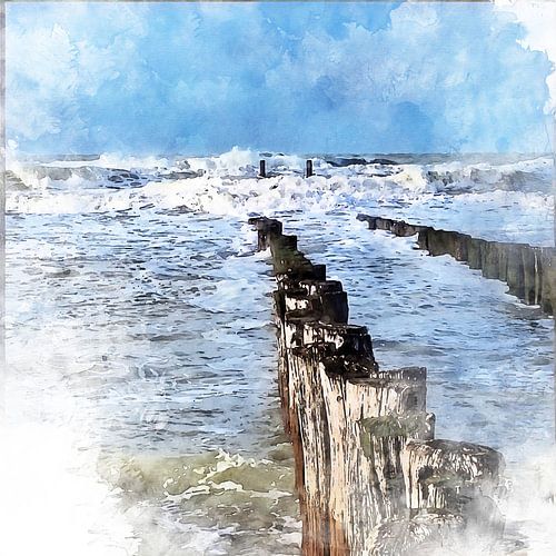 Paalhoofd bij zware storm aan de kust.