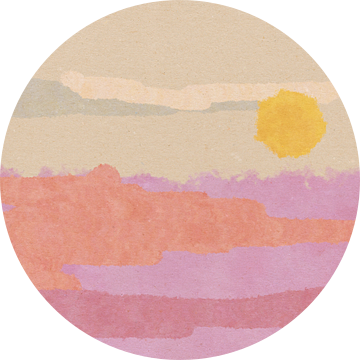 Abstract landschap in pastelkleuren. Zonsondergang in roze, paars, geel en grijs van Dina Dankers