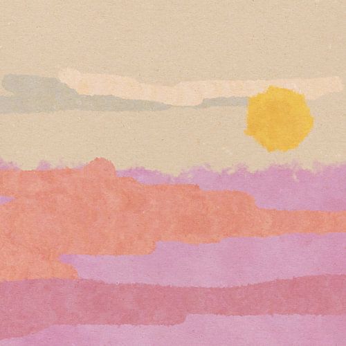 Abstract landschap in pastelkleuren. Zonsondergang in roze, paars, geel en grijs