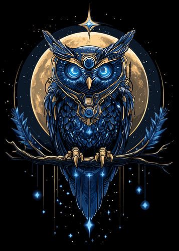 Lunarcore - Chouette mystique devant la pleine lune et le ciel étoilé