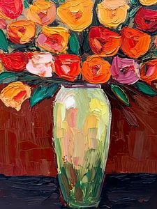 Modern Abstract Stilleven. Vaas met rozen in impasto stijl