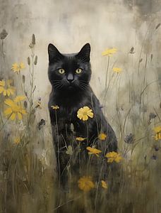 Chat noir parmi les fleurs jaunes