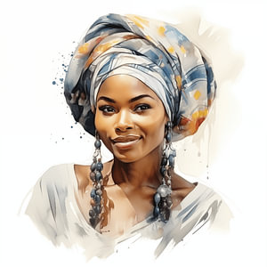 Porträt einer afrikanischen Frau mit lächelndem Aquarell-Kunstdesign und buntem Kopftuch auf weißem Hintergrund