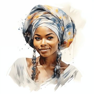 Portrait of an African woman with smiling watercolour art design and colourful headscarf on a white background by Animaflora PicsStock