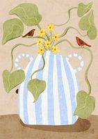 Leaves In a Pot With Birds Illustration