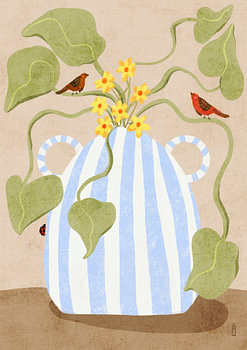 Leaves In a Pot With Birds Illustration