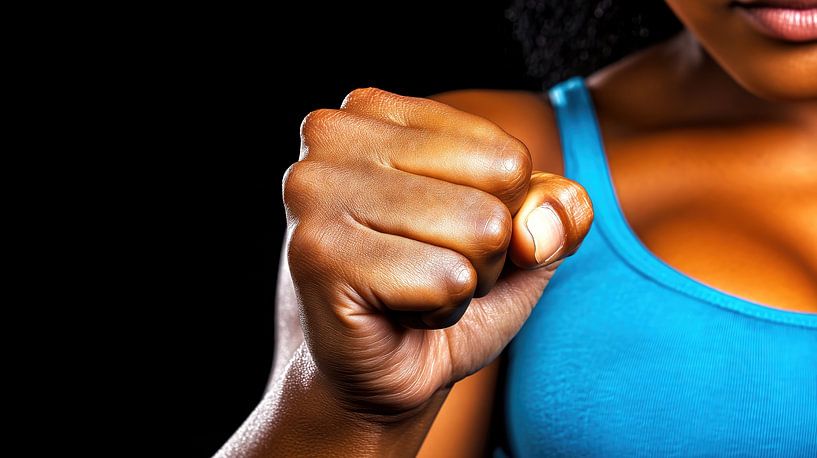 Sterke zwarte vrouw met gebalde vuist voor donkere achtergrond van Frank Heinz