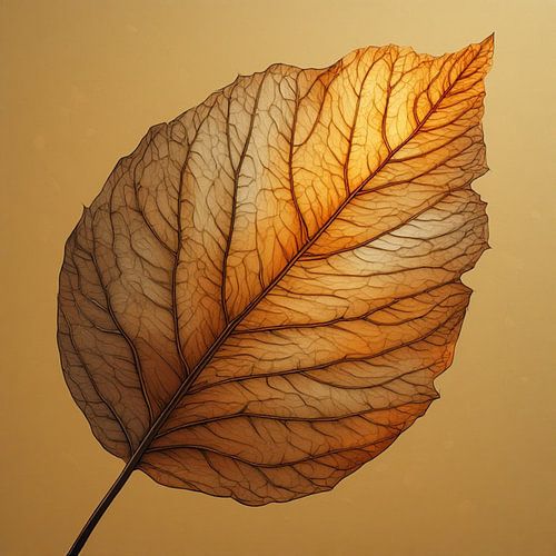Une feuille d'automne sur un fond doré clair.