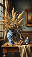 Delft Blue Flower Vase with Robins and Walnuts - Warm Country Still Life