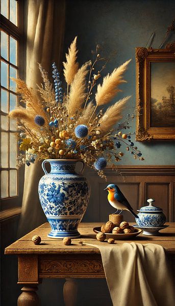 Vase à fleurs bleu Delft avec merles et noix - Nature morte champêtre chaleureuse par Kleurenrijk