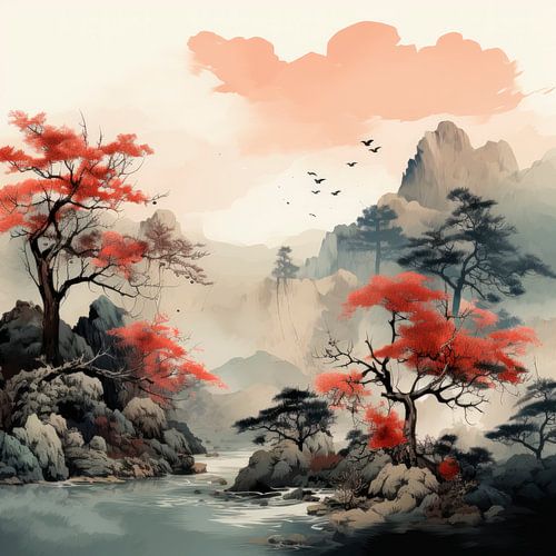 Paysage fluvial japonais avec des arbres rouges