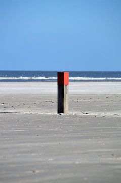 Strandpaal op het strand van de Boschplaat bij Terschelling, Waddeneil van Maurits Bredius