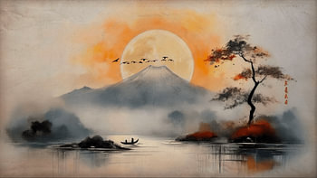 ZEN Landschap met Mount Fuji in de mist