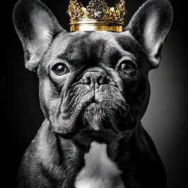 Französische Bulldogge in Schwarz und Weiß mit goldener Krone von John van den Heuvel