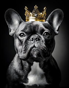 Franse Bulldog in zwart-wit met gouden kroon van John van den Heuvel