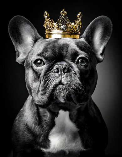 Bouledogue français en noir et blanc avec couronne dorée