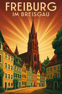 Freiburg Reiseposter - Historische Altstadt Art Deco Druck