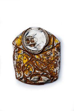 Crushed rusty and eroded soda can on white. by Ruurd Dankloff