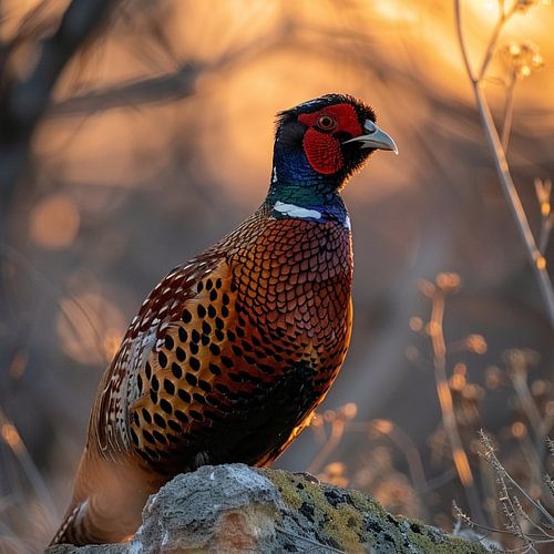 Faisan perché sur un rocher, à la lumière de l'aube