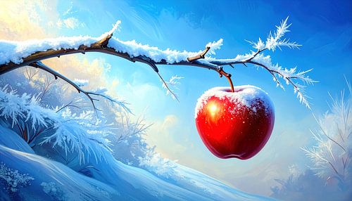 Rode appel in winterlicht: Een tak bedekt met kristalvorst, waarop een laatste gloeiende appel blijft hangen in het ochtendblauw tussen vorst, stilte en surrealistische magie