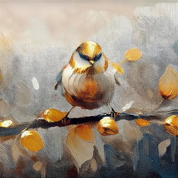Mixed media schilderij: Gouden Koolmeesje op tak