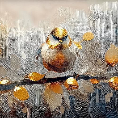 Mixed Media Art.: Stilleven met Gouden Koolmees op tak