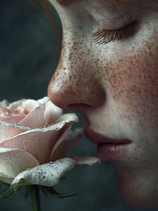 Nahaufnahme einer Frau, die an einer Rose riecht – Romantische Fine-Art-Wandkunst