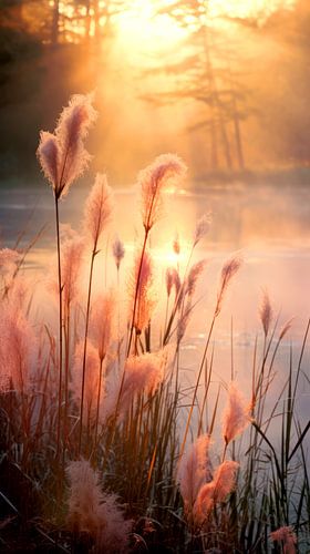 Pluimen van het Riet Waaien bij Gouden Zonsopkomst
