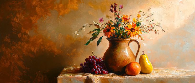 Flower arrangement and fruit on tablecloths by Poster Art Shop