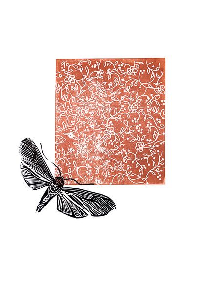 Linoldruck, Blüten mit Mottenbraun von Angela Peters