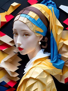 Een origami portret van meisje met de parel.  Geïnspireerd door Johannes Vermeer van Jolique Artista