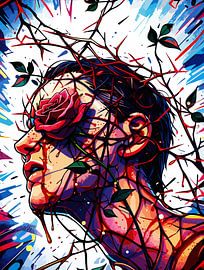 Painful Beauty Rose Thorns Woman Symbolic Comic Portrait by Ramy Salah Hefny