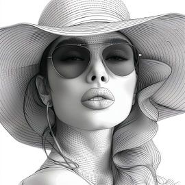 Stylish Woman: Hat and Sunglasses in Line Art