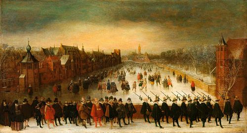 De Vijverberg, Den Haag, in de winter met prins Maurits en zijn gevolg in de Voorgrond, Adam van Bre