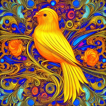 Goud gele vogel  met rijk gedecoreerde achtergrond - art print van Lily van Riemsdijk - Art Prints with Color